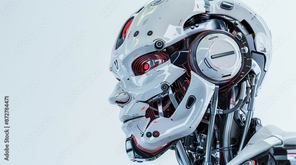 Aufkleber humanoid robot head looking at the camera while smiling on a white background