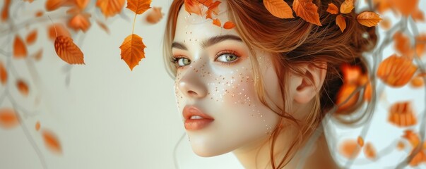 Beautiful woman with autumn leaves and freckles, showcasing natural beauty in fall season