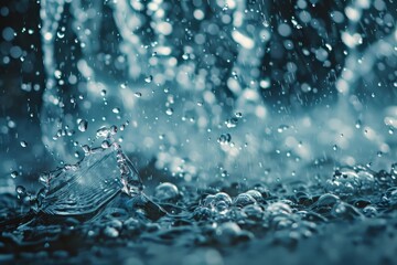 This image captures the moment raindrops collide with a glass surface during heavy rain, highlighting the motion and patterns created by the interaction of water and glass.