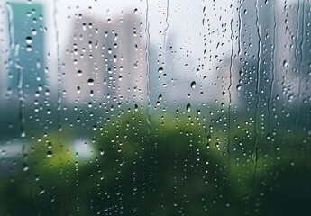 Rain Droplets on Window with Blurred City View