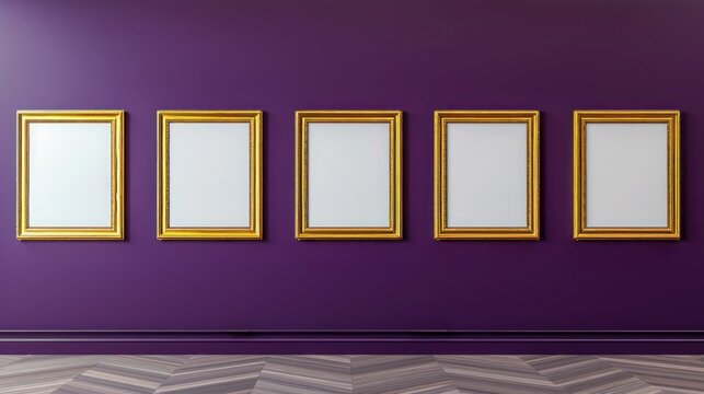 Minimalist art gallery mockup featuring five gold frames on a deep purple wall.