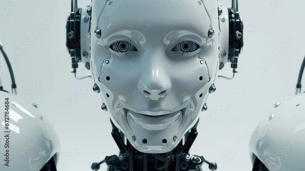 Aufkleber humanoid robot head looking at the camera while smiling on a white background