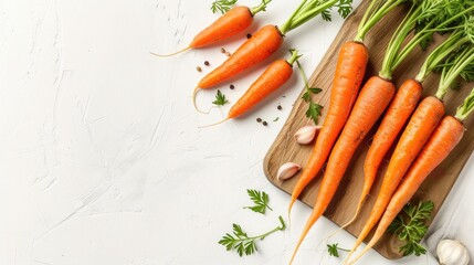 Carrot in different forms on cutting board isolated on white background with space for text