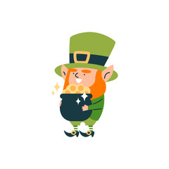 Cute leprechaun holding pot of gold coins, cartoon lucky elf dwarf bearded small man with wealth, vector Irish gnome