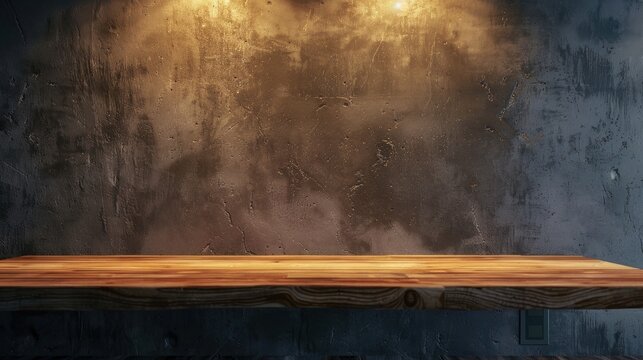 Lonely wooden countertop against a dark concrete wall in a home interior Evening with dim lighting Ample room for text