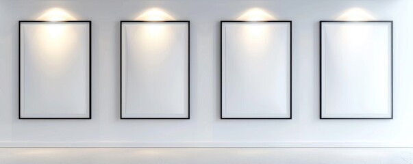 Four frames on a stark white wall, arranged in a grid pattern, each with a focused spotlight, enhancing the modern minimalism in