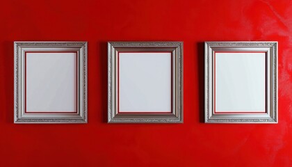 Four silver frames on a rich red wall, modern art gallery mockup captured in high definition.