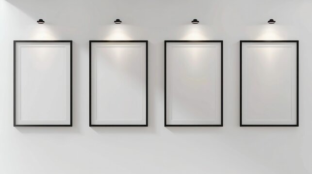Four frames on a classic white wall, arranged symmetrically, each highlighted by a spotlight, creating a timeless and elegant display in