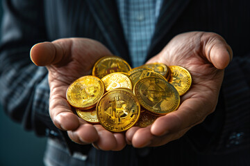 businessman holding bitcoins in his hands