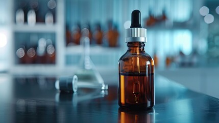 Glycolic acid solution in dark glass bottle for skincare research in chemistry lab