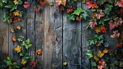 Fototapeta premium Leaves and ivy on wooden background in autumn