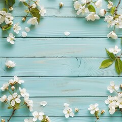 White Flowers on a Blue Wooden Background