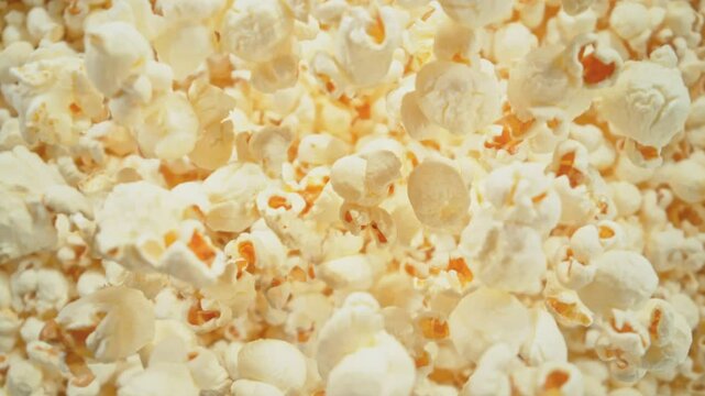 Super Slow Motion Shot of Falling Fluffy Popcorn Followed by Camera at 1000 fps.