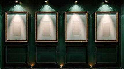 Four frames, asymmetrically placed on a dark green wall, each bathed in its own spotlight, offering an eclectic and modern feel in