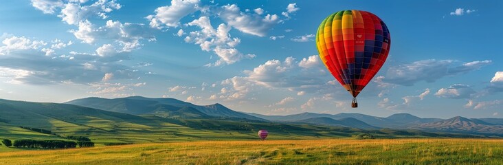 Naklejka premium Colorful Hot Air Balloon Soaring Over Green Meadow and Mountains on a Sunny Day
