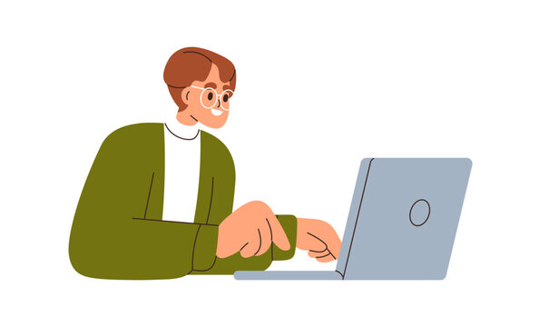 Happy employee works at laptop. Office worker sitting at notebook computer. Remote freelance professional surfing internet. Online business. Flat vector illustration isolated on white background