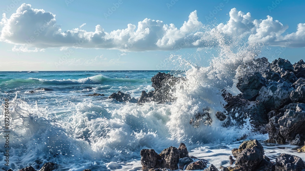 Sticker Ocean waves crashing on rocky shoreline with spray and foam backdrop