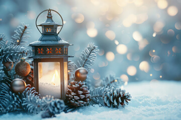 In the snow at night, a kerosene lamp