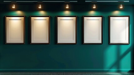 Five frames on a deep teal wall, arranged in a geometric pattern, each highlighted by its own spotlight, creating a modern artistic feel in