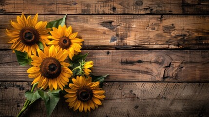 Obraz premium Sunflowers displayed on rustic wood backdrop Floral backgrounds