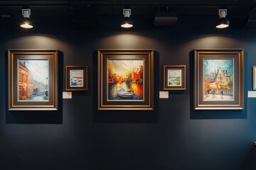 frames on a dark navy wall, arranged in a scattered pattern, each under its own spotlight, creating an eclectic and modern art display in