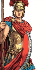 Obraz premium A Roman soldier depicted, spear in hand, shield before him; crowned by a red cloak