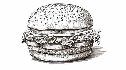 Burger sandwich hand drawn sketch food. Restaurant business concept. Engraving black and white illustration. Generative AI