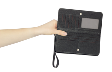 wallet with strap on hand in hand, outstretched hand with wallet with strap on hand isolated from background