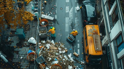 Rubbish Collection Workers Cleaning Street from Above for Urban Cleanup Awareness