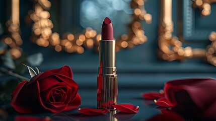 Red Lipstick and Rose on Dark Blue Background