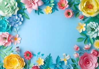 Fototapeta premium Colorful Paper Flower Wreath Border on Blue Background