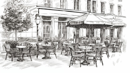 Street cafe in the city. Umbrellas and tables. Illustration in vintage style. Ai generation