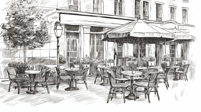 Street cafe in the city. Umbrellas and tables. Illustration in vintage style. Ai generation