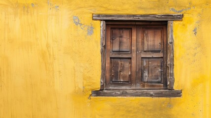Aged Timber Window Against Yellow Wall