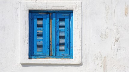 A plain blue shuttered window on a white wall in Naxos Greece