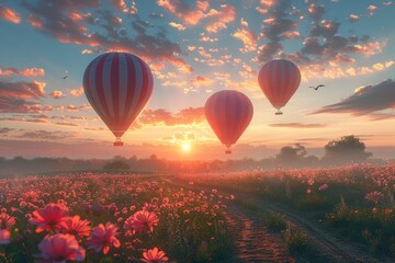 Fototapeta premium Flying hot air balloons and purple flowers
