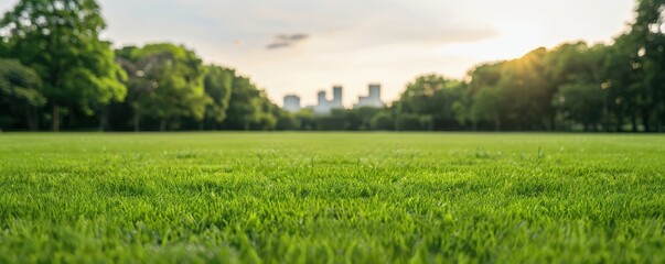 Fototapeta premium Lush green park in a city, protective canopies from heat, urban climate adaptation, community space, clear skies