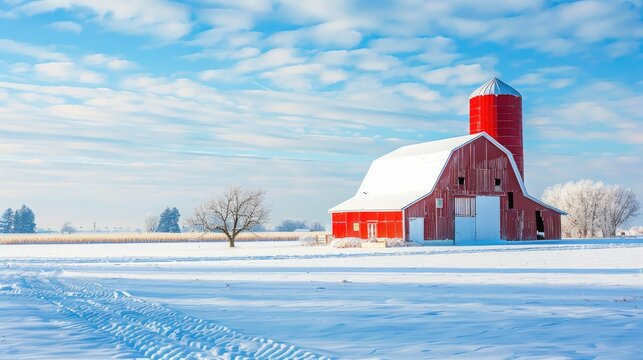 Snow covered farm field with red barn and silo