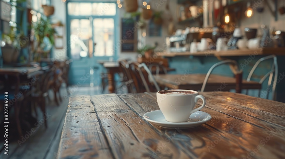 Wall mural cappuccino on wooden table in vintage coffee shop setting