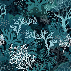 Underwater world, sea depth. Seamless vector pattern. Corals and algae on black background. Textile print, pattern for children, pattern for sporting goods, wallpaper, surface pattern. 