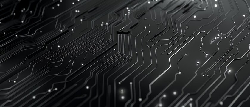 Detailed black circuit board featuring sleek white highlights and intricate electronic pathways