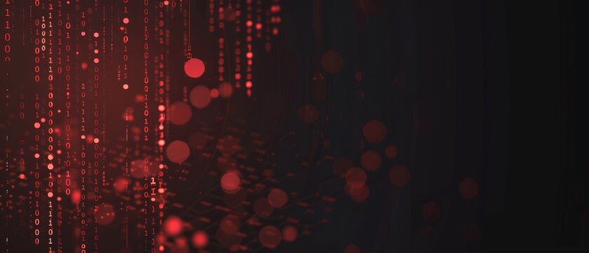 A dark abstract background featuring streams of red binary code and circular light effects, symbolizing data flow and digital technology