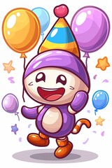 Fototapeta premium A cartoon character, donning a birthday hat and brandishing a cluster of balloons with confetti scattering around, against a pristine white backdrop