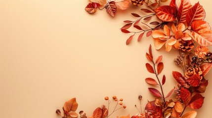 Dried leaf wreath on beige background in fall theme
