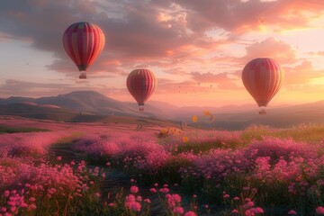 Fototapeta premium Flying hot air balloons and purple flowers