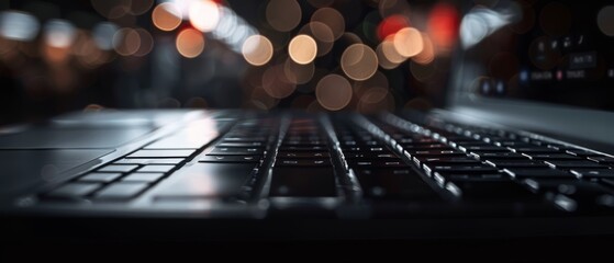 A detailed close-up of a laptop keyboard with bokeh light effects in the background, creating a modern and focused atmosphere for technology and work