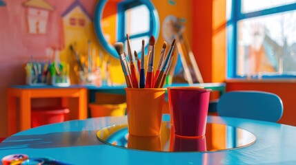 Location of art brushes in cup at children s play area mirror