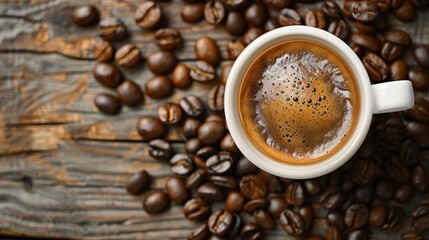 Fototapeta premium Roasted coffee beans and a cup of coffee on a wooden table