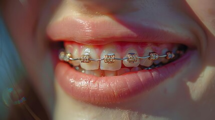Obraz premium Focused shot of dental braces on teenager's teeth, showcasing orthodontic care