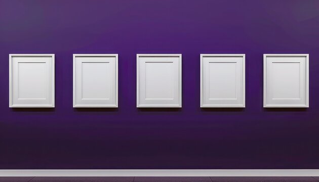 Elegant gallery mockup with five white frames on a deep purple wall.